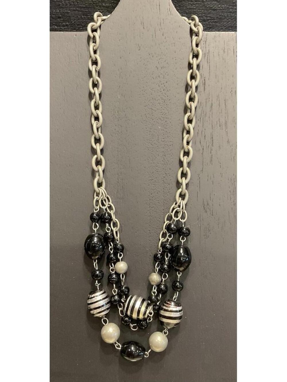 Silver Tone Chain & Black Bead Necklace # 376